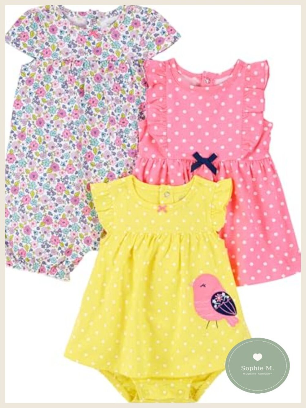 Baby Girls 3-Piece Romper Sunsuit Dress Set Snaps Soft Comfort